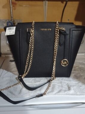 Michael Kors Black Leather Satchel with Gold Chain Detail